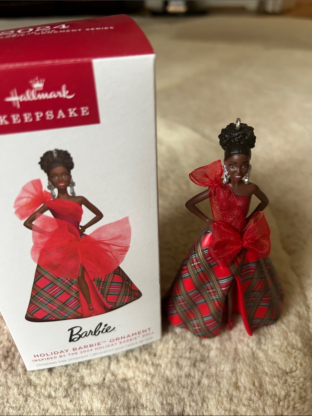 2024 Black Barbie Holiday Ornament - Red Plaid Gown